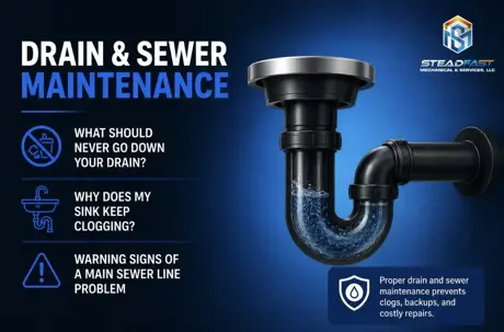 Residential drain and sewer maintenance graphic showing common causes of clogs and sewer line problems.