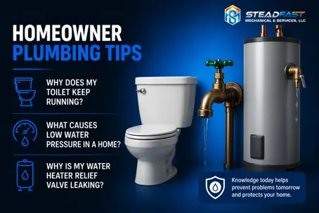 Homeowner plumbing tips covering running toilets, low water pressure, and water heater relief valve leaks.